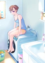 Rule 34 | 1girl, bare legs, barefoot, bottle, breasts, brown hair, camisole, cleavage, full body, hair ornament, hairclip, highres, hose, indoors, laundry, laundry basket, legs together, looking away, open mouth, original, parted lips, purple eyes, scrunchie, shorts, sink, sitting, sleeveless, small breasts, solo, solvalou, spaghetti strap, washing machine, window