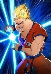 Rule 34 | 1boy, belt, blonde hair, blue belt, blue eyes, cleft chin, commentary, cosplay, dragon ball, dragonball z, english commentary, family guy, grin, highres, jumpsuit, kamehameha (dragon ball), kowai (iamkowai), looking at viewer, martial arts belt, muscular, muscular male, orange jumpsuit, peter griffin, smile, solo, son goku, son goku (cosplay), super saiyan, teeth, wristband