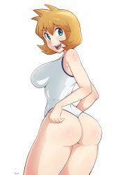Rule 34 | 1girl, aqua eyes, armpits, ass, bare shoulders, blush, breasts, competition swimsuit, cowboy shot, creatures (company), curvy, game freak, gatuno, gym leader, highres, large breasts, legs, misty (pokemon), navel, nintendo, one-piece swimsuit, open mouth, orange hair, pokemon, pokemon hgss, short hair, smile, solo, standing, swimsuit, thick thighs, thighs, white one-piece swimsuit