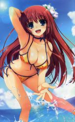 Rule 34 | 1girl, absurdres, bikini, blue eyes, blush, breasts, cleavage, detexted, front-tie top, highres, large breasts, leaning forward, lens flare, long hair, open mouth, original, red hair, side-tie bikini bottom, smile, solo, string bikini, swimsuit, third-party edit, tomose shunsaku, water