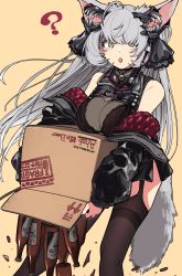 Rule 34 | 1girl, :o, ?, absurdres, accident, ahab (redcircle), animal ears, bare shoulders, black bra, black jacket, black ribbon, bottle, box, bra, breasts, brown thighhighs, cleavage, commission, garter straps, grey hair, hair ornament, hair ribbon, highres, holding, holding box, jacket, large breasts, long sleeves, looking at viewer, off shoulder, open clothes, open jacket, open mouth, puffy long sleeves, puffy sleeves, redcircle, ribbon, skeb commission, solo, tail, thighhighs, underwear, virtual youtuber, yellow eyes, yugami gooshu