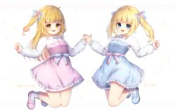 Rule 34 | 2girls, :d, ars project, blonde hair, blue eyes, blue footwear, blunt bangs, bow, character request, dress, hand up, highres, holding hands, hoshimiya urana, long hair, long sleeves, looking at viewer, michiru donut, multiple girls, official art, one side up, open mouth, pinafore dress, pink bow, pink footwear, sample watermark, sleeveless, sleeveless dress, smile, twintails, virtual youtuber, watermark, yellow eyes