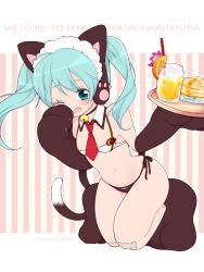 Rule 34 | 1girl, ahoge, animal ear headphones, animal ears, animal hands, azurite0012, bell, bikini, blue eyes, blue hair, blush, butter, cat ear headphones, cat ears, cat tail, choker, cup, detached collar, drink, drinking straw, english text, fake animal ears, fake tail, fang, flower, food, fruit, gloves, hatsune miku, headphones, holding, holding tray, long hair, looking at viewer, maid headdress, neck bell, necktie, nyan ko (module), one eye closed, open mouth, orange (fruit), orange slice, pancake, pancake stack, paw gloves, paw shoes, project diva (series), side-tie bikini bottom, smile, solo, striped, striped background, swimsuit, tail, tray, typo, vocaloid