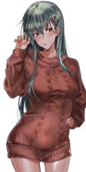 Rule 34 | 1girl, alternate costume, aqua hair, bad id, bad pixiv id, blush, breasts, brown eyes, hair between eyes, hair ornament, hairclip, highres, inusaka, kantai collection, large breasts, long hair, looking at viewer, open mouth, ribbed sweater, simple background, solo, suzuya (kancolle), sweater, white background