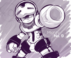 Rule 34 | 1boy, arm cannon, beck (mighty no. 9), cameo, clenched hand, copyright name, helmet, light smile, male focus, mighty no. 9, monochrome, robot, mega man (series), mega man (character), mega man (classic), sho-n-d, solo, weapon, when you see it