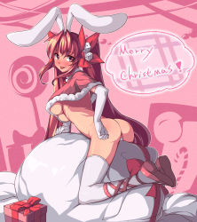 Rule 34 | 1girl, :p, animal ears, ass, blush, bow, box, breasts, di gi charat, dice, elbow gloves, english text, gift, gift box, gloves, hair bow, highres, large breasts, long hair, looking at viewer, maebari, merry christmas, rabbit ears, red eyes, red hair, revealing clothes, sack, saiste, smile, solo, thighhighs, tongue, tongue out, twintails, underboob, usada hikaru, white gloves, white thighhighs