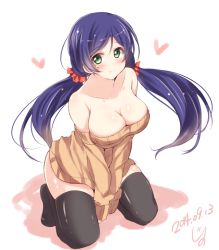 Rule 34 | 10s, 1girl, 2014, bare shoulders, black thighhighs, blush, breasts, cleavage, dated, full body, green eyes, jiino, large breasts, love live!, love live! school idol project, purple hair, simple background, smile, solo, sweater, thighhighs, tojo nozomi, twintails, white background