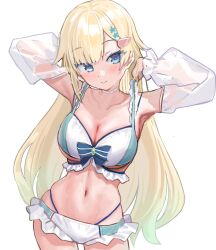 Rule 34 | 1girl, aizawa ema, arms up, bikini, blonde hair, blue eyes, blush, breasts, cleavage, closed mouth, commentary request, cowboy shot, detached sleeves, hair ornament, hairpin, kanzarin, large breasts, long hair, long sleeves, looking at viewer, navel, puffy long sleeves, puffy sleeves, simple background, smile, solo, stomach, swimsuit, virtual youtuber, vspo!, wet, white background, white bikini