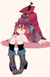 Rule 34 | 1girl, aqua bow, arm support, black fire, black socks, blush, boots, bow, breast rest, breasts, breasts on head, bright pupils, cape, closed mouth, cross-laced footwear, disembodied head, dullahan, ears visible through hair, fire, grey footwear, grey shirt, hair between eyes, hair bow, head rest, high collar, high heel boots, high heels, highres, impossible clothes, impossible shirt, kneehighs, lace-up boots, long sleeves, massakasama, medium breasts, medium hair, red cape, red eyes, red hair, red skirt, sekibanki, shirt, simple background, sitting, skirt, socks, solo, touhou, white background, white pupils