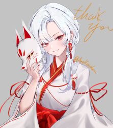 Rule 34 | 1girl, commission, earrings, fox mask, grey background, hakama, hakama skirt, highres, holding, holding mask, japanese clothes, jewelry, long hair, mask, miko, original, red eyes, red hakama, red nails, red ribbon, red tassel, ribbon, skirt, solo, thank you, twitter username, white hair, wide sleeves, xsilentred