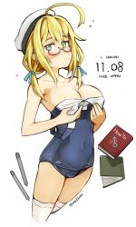 Rule 34 | 1girl, ahoge, blonde hair, book, breasts, breasts day, clothes pull, dated, feet out of frame, glasses, green eyes, hat, i-8 (kancolle), kantai collection, large breasts, long hair, looking at viewer, low twintails, one-piece swimsuit, one-piece swimsuit pull, peaked cap, red-framed eyewear, sakura (medilore), school swimsuit, semi-rimless eyewear, simple background, solo, swimsuit, thighhighs, torpedo, twintails, twitter username, under-rim eyewear, white background, white thighhighs