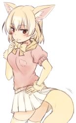 Rule 34 | 10s, 1girl, :3, animal ears, black hair, blonde hair, blush, breast pocket, brown eyes, cowboy shot, eyelashes, fennec (kemono friends), finger to own chin, fox ears, fox tail, from behind, from side, fur trim, gloves, hair between eyes, hand on own hip, index finger raised, jitome, kemono friends, looking at viewer, motion lines, multicolored hair, nagami yuu, neck ribbon, pink sweater, pleated skirt, pocket, puffy short sleeves, puffy sleeves, ribbon, short-sleeved sweater, short hair, short sleeves, simple background, sketch, skirt, smile, solo, sweater, tail, thighhighs, white background, white hair, white skirt, yellow gloves, yellow ribbon, yellow thighhighs, zettai ryouiki