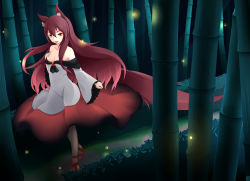 Rule 34 | 1girl, :d, animal ears, bamboo, bamboo forest, bare shoulders, breasts, brown hair, cleavage, dress, fang, forest, frilled sleeves, frills, highres, imaizumi kagerou, inyuppo, light particles, nature, open mouth, red eyes, smile, tail, touhou, wolf ears, wolf tail