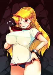 Rule 34 | 1girl, alcohol, alternate costume, blonde hair, blush, breasts, buruma, cuffs, cup, drunk, fang, female focus, gym uniform, hand on own hip, hip focus, horns, hoshiguma yuugi, impossible clothes, impossible shirt, ippongui, large breasts, long hair, red eyes, sakazuki, sake, shackles, shirt, single horn, solo, taut clothes, taut shirt, touhou