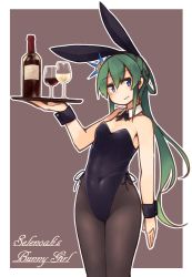 Rule 34 | :3, alcohol, animal ears, bare shoulders, black pantyhose, blue eyes, brown background, closed mouth, commentary request, covered navel, cowboy shot, cup, drinking glass, fake animal ears, flower, green hair, hair between eyes, hair flower, hair ornament, holding, holding tray, kaginoni, leotard, long hair, looking at viewer, original, pantyhose, playboy bunny, purple leotard, rabbit ears, selenoah, simple background, smile, solo, standing, tray, wine, wrist cuffs