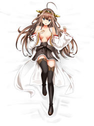 Rule 34 | 10s, 1girl, ahoge, black footwear, black thighhighs, boots, breast suppress, breasts, breasts apart, brown hair, collarbone, detached sleeves, drakente, hairband, hand on own chest, highres, kantai collection, kongou (kancolle), long hair, looking at viewer, lying, nontraditional miko, on back, open clothes, ribbon-trimmed sleeves, ribbon trim, skirt, solo, thigh boots, thighhighs, very long hair, zettai ryouiki