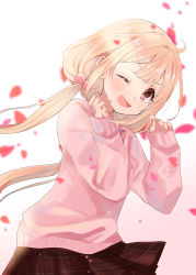 Rule 34 | 1girl, ;d, blonde hair, brown eyes, brown hair, cardigan, futaba anzu, gradient background, hair bobbles, hair ornament, highres, idolmaster, idolmaster cinderella girls, idolmaster cinderella girls starlight stage, long hair, long sleeves, looking at viewer, low twintails, one eye closed, open mouth, petals, pink background, pink cardigan, plaid, plaid skirt, rino cnc, skirt, smile, solo, twintails, two-tone background, white background