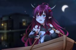 Rule 34 | 1girl, absurdres, black thighhighs, blue eyes, heterochromia, highres, holding, holding oar, hololive, hololive english, horns, irys (hololive), jan azure, long hair, looking away, night, oar, outdoors, parted lips, pointy ears, purple eyes, red hair, rowboat, sitting, solo, thighhighs, virtual youtuber