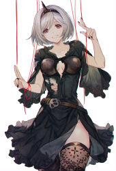 Rule 34 | 1girl, a082, alter ego conjurer (granblue fantasy), belt, black dress, black nails, black thighhighs, breasts, breasts apart, cleavage cutout, clothing cutout, collarbone, cowboy shot, djeeta (granblue fantasy), dress, granblue fantasy, grey hair, groin, hairband, hands up, head tilt, looking at viewer, nail polish, open mouth, red eyes, short hair, simple background, small breasts, smile, solo, string, thighhighs, torn clothes, torn dress, white background