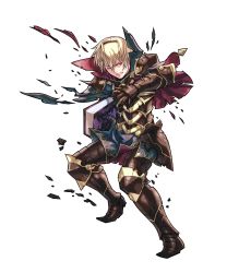 Rule 34 | 1boy, armor, armored boots, blonde hair, book, boots, capelet, fire emblem, fire emblem fates, fire emblem heroes, full body, gloves, highres, hino shinnosuke, leo (fire emblem), male focus, nintendo, official art, one eye closed, red eyes, solo, teeth, torn clothes, transparent background
