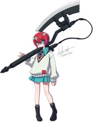 1girl amate_yuzuriha axe boots collared_shirt commentary_request full_body green_eyes gundam gundam_gquuuuuux hanya_(hanya_yashiki) heat_hawk highres huge_weapon necktie red_hair shirt short_hair simple_background skirt solo sweater weapon white_background