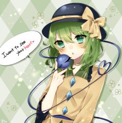 Rule 34 | 1girl, :o, abe suke, argyle, argyle background, argyle clothes, black hat, bow, buttons, collar, collared shirt, commentary request, english text, eyeball, flower, frilled collar, frills, green eyes, green hair, hat, hat bow, heart, heart of string, komeiji koishi, looking at viewer, medium hair, shirt, solo, speech bubble, third eye, touhou, upper body, v, yellow bow, yellow shirt