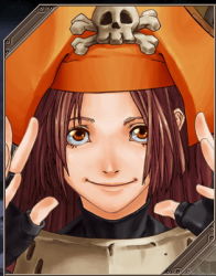 Rule 34 | 1girl, arc system works, brown eyes, brown hair, guilty gear, guilty gear xx, hat, hino shinnosuke, lowres, may (guilty gear), non-web source, official art, orange hat, pirate, portrait, screencap, skull and crossbones, solo