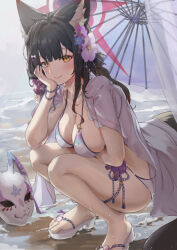Rule 34 | 1girl, animal ears, bikini, black hair, blue archive, breasts, commentary request, feet, flower, fox ears, fox mask, hair flower, hair ornament, haowei wu, large breasts, legs, long hair, looking at viewer, mask, oil-paper umbrella, pink flower, sandals, shirt on shoulders, smile, solo, squatting, swimsuit, thighs, toes, umbrella, wakamo (blue archive), wakamo (swimsuit) (blue archive), yellow eyes