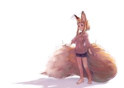 Rule 34 | 1girl, animal ear fluff, animal ears, barefoot, bike shorts, blonde hair, blue eyes, commentary request, fox ears, fox tail, jaco, large tail, long sleeves, original, short hair with long locks, sidelocks, simple background, solo, standing, sweater, tail, white background