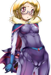Rule 34 | 10s, 1girl, aabitan, blonde hair, blush, bodysuit, breasts, brooch, cameltoe, cape, cleft of venus, covered erect nipples, cure muse, glasses, gloves, helmet, highres, jewelry, magical girl, mask, multiple persona, open mouth, precure, purple eyes, shiny clothes, shirabe ako, short hair, skin tight, small breasts, solo, spoilers, suite precure, sweat