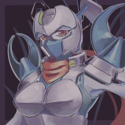 Rule 34 | 1girl, armor, blue hair, breastplate, breasts, colored skin, dark background, dianamon, digimon, digimon (creature), grey background, hair between eyes, helmet, highres, mask, medium breasts, mouth mask, notaventura, red eyes, red scarf, scarf, shoulder armor, simple background, solo, upper body, white armor, white helmet, white skin