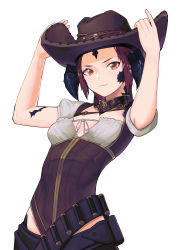 Rule 34 | 1girl, absurdres, arms up, breasts, brown hair, brown hat, brown leotard, character request, cleavage, closed mouth, cowboy hat, final fantasy, final fantasy xiv, hat, highres, leotard, looking at viewer, miyamoya, short hair, short sleeves, simple background, small breasts, solo, warrior of light (ff14), white background, yellow eyes