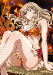 Rule 34 | 1girl, bare arms, bare legs, bikini, breasts, cleavage, closed mouth, floating hair, frilled bikini, frills, front-tie bikini top, front-tie top, green eyes, hair between eyes, hairband, halloween, head tilt, ikkitousen, large breasts, light brown hair, long hair, orange bikini, polka dot, polka dot bikini, pumpkin, red hairband, sarong, side-tie bikini bottom, sitting, smile, solo, sonken chuubou, swimsuit