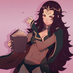 Rule 34 | 1girl, black hair, book, breasts, circlet, cleavage, covered navel, facial tattoo, fire emblem, fire emblem fates, koyorin, long hair, looking at viewer, navel, nintendo, nyx (fire emblem), red eyes, see-through, sleeves past wrists, small breasts, solo, stomach, tattoo, veil, very long hair, watermark, web address