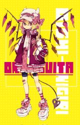 Rule 34 | 1girl, alternate costume, baseball cap, blonde hair, bow, buttons, casual, closed mouth, corrupted twitter file, crystal, fake horns, flandre scarlet, footwear bow, full body, hair between eyes, hair bow, hands in pockets, hat, headphones, headphones around neck, highres, horned headwear, horns, jacket, jitome, laevatein (touhou), long sleeves, looking at viewer, medium hair, miniskirt, nikorashi-ka, one side up, pink footwear, pink jacket, pink skirt, polka dot, polka dot bow, red eyes, shirt, sideways glance, skirt, smiley face, socks, solo, standing, thigh shorts, touhou, white shirt, wings, yellow background