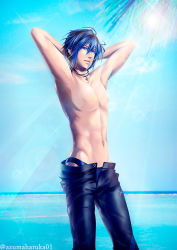 Rule 34 | 1boy, armpits, arms behind head, artist name, azumaharuka01, blue eyes, blue hair, blue male swimwear, blue sky, blue swim briefs, cowboy shot, cross, cross necklace, day, earrings, fabulous, gradient background, horizon, jewelry, kaito (vocaloid), lens flare, light rays, looking at viewer, male focus, male swimwear, matching hair/eyes, muscular, navel, necklace, nipples, ocean, open pants, outdoors, palm tree, pants, parted lips, pendant, sky, solo, sparkle, sun, sunbeam, sunlight, swim briefs, swimsuit, swimsuit under clothes, topless male, tree, twitter username, vocaloid