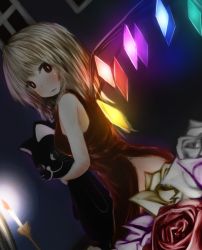 Rule 34 | 1girl, alternate costume, bare arms, blonde hair, blue background, candle, candlelight, candlestand, china dress, chinese clothes, dress, dutch angle, expressionless, flandre scarlet, flower, glowing, glowing eyes, glowing wings, hidebou (hideboooo), highres, looking at viewer, looking back, purple rose, red eyes, red rose, rose, short hair, slit pupils, solo, stuffed animal, stuffed cat, stuffed toy, touhou, white rose, wings