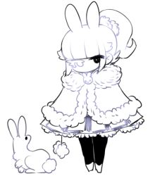 Rule 34 | 1boy, asymmetrical eyes, boots, chibi, cibastion, coat, demi (cibastion), dress, eyelashes, feminine, full body, fur trim, long hair, looking at animal, looking at another, looking down, male focus, original, pom pom (clothes), ponytail, rabbit, rabbit ears, sidelocks, trap, white background, winter clothes, winter coat