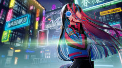 Rule 34 | 1girl, black hair, blue hair, blue jacket, braid, closed mouth, from side, harusaruhi, highres, jacket, kamitsubaki studio, kazuharu kina, long sleeves, looking at viewer, multicolored hair, night, open clothes, open jacket, outdoors, pink hair, profile, shirt, smile, virtual youtuber, white shirt