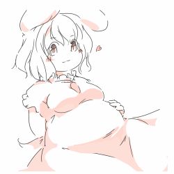 Rule 34 | 1girl, :3, animal ears, belly rub, blush, blush stickers, breasts, carrot necklace, dress, fat, female focus, heart, highres, inaba tewi, looking at viewer, medium breasts, monochrome, necklace, rabbit ears, rabbit girl, rabbit tail, short hair, simple background, sketch, slnchyt, smile, solo, tail, touhou