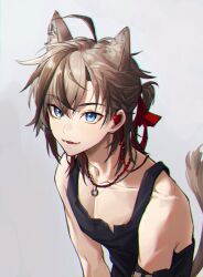 Rule 34 | 1boy, absurdres, animal ears, arknights, black hair, black tank top, blue eyes, blush, brown hair, cat boy, cat ears, cat tail, cogh0910, earpiece, fang, grey background, hair between eyes, hair ribbon, highres, looking at viewer, male focus, multicolored hair, open mouth, ponytail, red ribbon, ribbon, short ponytail, simple background, solo, stainless (arknights), tail, tank top