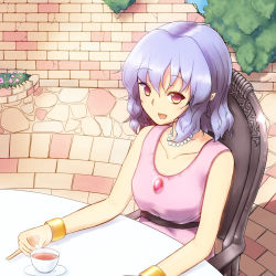 Rule 34 | 1girl, blue hair, bracelet, brick wall, chair, collarbone, cup, flower, formal, highres, jewelry, necklace, open mouth, orinpachu, outdoors, pavement, pearl necklace, pinky out, pointy ears, remilia scarlet, sitting, smile, solo, table, tea, teacup, touhou