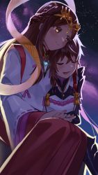 Rule 34 | 2girls, blush, brown hair, closed eyes, fan la norne, female focus, hagoromo, head on another&#039;s shoulder, highres, kyosuke1413koba, lora (xenoblade), multiple girls, night, night sky, open mouth, outdoors, shawl, sitting, sky, smile, xenoblade chronicles (series), xenoblade chronicles 2, xenoblade chronicles 2: torna - the golden country, yellow eyes