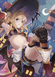 Rule 34 | 1girl, blonde hair, blue eyes, blush, breasts, cleavage, granblue fantasy, hair intakes, hair ornament, hairband, halloween, hat, large breasts, long hair, looking at viewer, navel, polearm, shorts, smile, solo, spear, thighhighs, trick or treat, twintails, weapon, witch hat, yu-hi, zeta (granblue fantasy), zeta (halloween) (granblue fantasy)