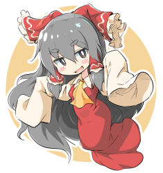 Rule 34 | 1girl, berazasu, black eyes, blush, bow, breasts, bright pupils, commentary request, cookie (touhou), dress, frilled bow, frilled hair tubes, frills, full body, grey hair, hair between eyes, hair bow, hair tubes, hakurei reimu, hotaruda (cookie), long bangs, long dress, long hair, looking at viewer, open mouth, red bow, red dress, sidelocks, simple background, sleeves past fingers, sleeves past wrists, small breasts, smile, solo, thick eyebrows, touhou, two-tone background, very long hair, white background, white pupils, white sleeves, yellow background