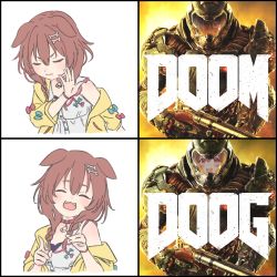 Rule 34 | 1boy, 1girl, ^ ^, animal ears, armor, bone hair ornament, border, braid, brown hair, choker, closed eyes, closed mouth, commentary, copyright name, dog ears, dog girl, doom (series), doomguy, drakeposting (meme), dress, english commentary, fangs, frown, gun, hair ornament, helm, helmet, highres, hololive, hyde (tabakko), index finger raised, inugami korone, inugami korone (1st costume), jacket, looking at viewer, medium hair, meme, multiple views, open clothes, open jacket, open mouth, palms, panels, parody, power suit, red choker, shotgun, side braids, simple background, sleeveless, sleeveless dress, smile, twin braids, v-shaped eyebrows, virtual youtuber, weapon, white background, white dress, wristband, yellow jacket