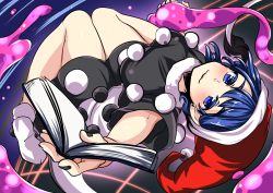Rule 34 | 1girl, bad id, bad twitter id, blob, blue eyes, blue hair, blush, book, doremy sweet, dream soul, dress, full body, gradient background, hat, hitotsuki nebura, looking at viewer, nightcap, one-hour drawing challenge, open book, open mouth, short hair, short sleeves, smile, socks, solo, touhou, upside-down, white socks