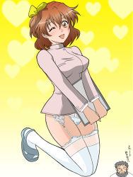 00s ;d bottomless brown_eyes brown_hair clipboard fresh_precure! garter_belt hanamiya_mitsuhiko no_pants one_eye_closed open_mouth panties precure ribbon sandals smile solo source_request thighhighs underwear wink yamabuki_inori