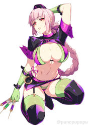 Rule 34 | 1girl, arm behind head, between fingers, bikini, blunt bangs, boots, braid, breasts, commentary, elbow gloves, fate/grand order, fate (series), florence nightingale (fate), florence nightingale (trick or treatment) (fate), full body, garter straps, gloves, green bikini, green gloves, green thighhighs, hair ribbon, hat, highres, holding, large breasts, long hair, looking at viewer, miniskirt, navel, nurse cap, official alternate costume, on one knee, parted lips, pink hair, purple bikini, purple footwear, purple skirt, puuzaki puuna, red eyes, revealing clothes, ribbon, shrug (clothing), simple background, skirt, solo, swimsuit, syringe, thigh boots, thighhighs, thighs, twitter username, white background, wristband