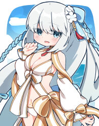 Rule 34 | 1girl, bikini, blue eyes, blush, braid, breasts, chibi, cleavage, commentary request, detached sleeves, fate/grand order, fate (series), grey hair, hair ornament, hand up, kanzashi, long hair, looking at viewer, medium breasts, morgan le fay (fate), morgan le fay (water princess) (fate), multicolored hair, open mouth, ponytail, rabiiandrain, smile, solo, swimsuit, very long hair, white bikini